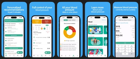 MyBP mobile app screens showing blood pressure tracking, statistics, calendar, and reading content