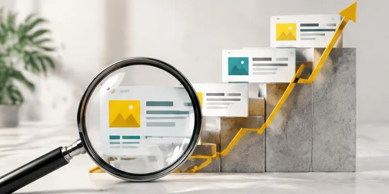Search results climbing ranking stairs under a magnifier