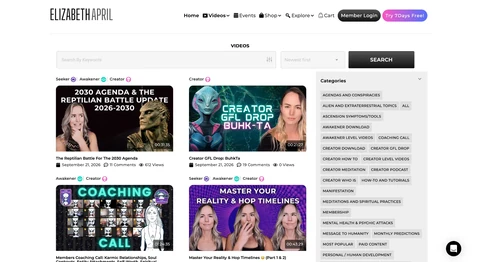 Elizabeth April WordPress website video library with search and category filters