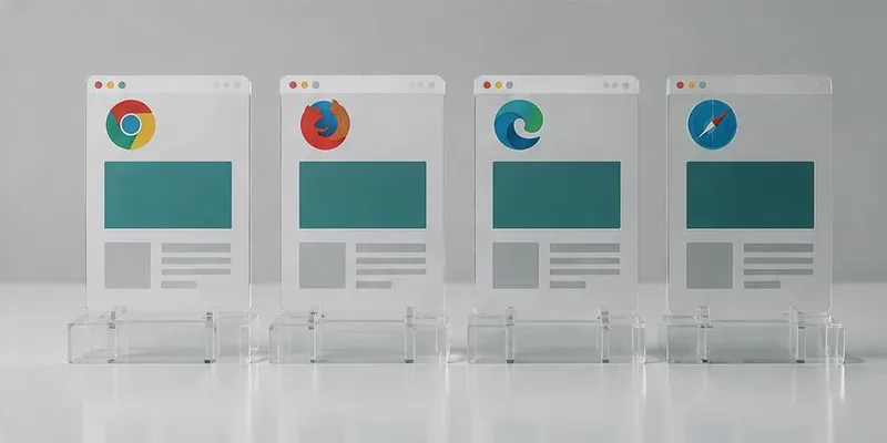 Four browser layouts on transparent stands