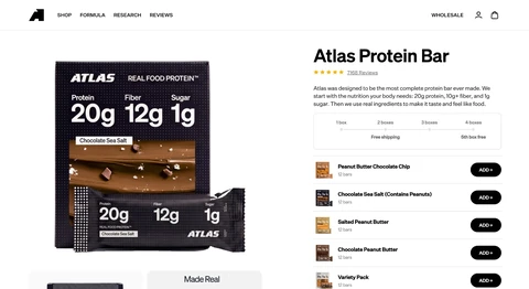 Atlas Bars Shopify product page with box and flavor options
