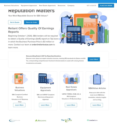 Reliant Business Valuation website showing valuation and appraisal services